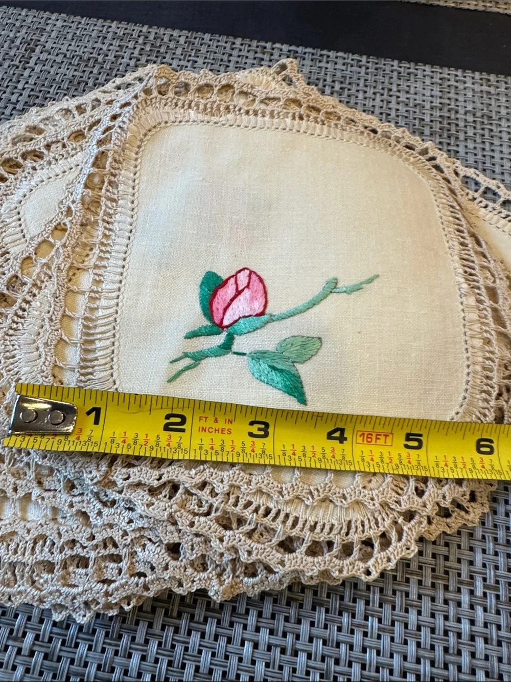 Vintage 24 Hand-Embroidered Pink Rose Linen Doily - Vintage Style